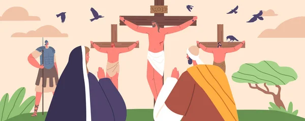 十字架でのイエスの犠牲を描写し そして究極の愛と救いの行為を象徴する聖書的な場面をイエスの十字架刑は証明しました 漫画人ベクトルイラスト — ストックベクタ