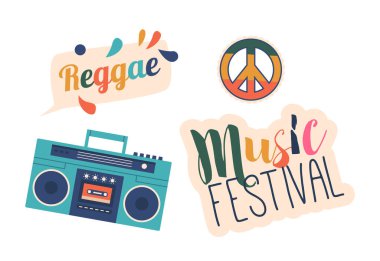 Reggae Müzik Festivali Simgeleri, Barış Tabelası, Teyp Kayıt ve Harf Elementleri Beyaz Arkaplanda İzole Edildi. Hippi Müzik Festivali için Ögeler. Çizgi film Vektör İllüstrasyonu