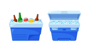 Kompakt ve etkili konteynırlar yiyecek ve içecek için taşınabilir soğutma çözümleri sunar. Seyahat, sahil, piknik, ferahlık ve rahatlık için ideal. Çizgi film Vektör İllüstrasyonu