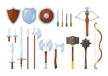 Medieval Weapons Set. Authentic And Formidable Collection Of Historic Weaponry, Swords, Axes, Maces, Bow, Crossbow And Shields For Reenactments, And Historical Enthusiasts. Cartoon Vector Illustration clipart