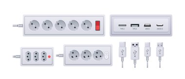 Usb şarjları, Soket prizi tip A, tip B, tip C, tip D ve tip G 'yi içerir, ve her bir tip özel uzatma yapılandırmasına sahiptir ve dünya çapında farklı bölgelerde kullanılmaktadır. Çizgi film Vektör İllüstrasyonu