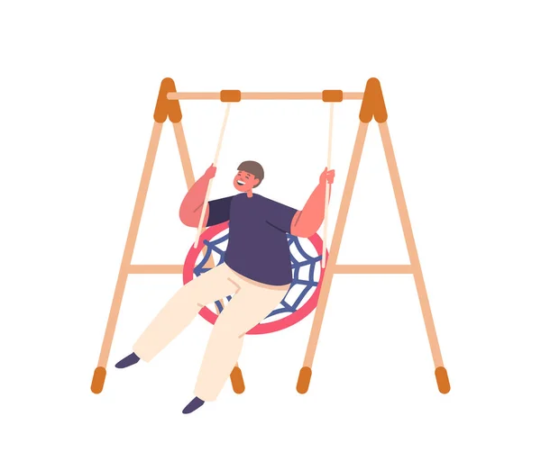Young Boy Character Joyfully Swings Back Forth Playground Swing His — Stock Vector