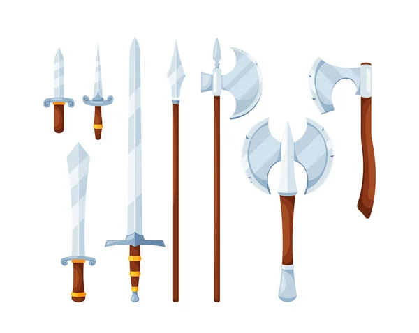 Authentische Sammlung Mittelalterlicher Waffen Darunter Schwerter Äxte Und Dolche Mit — Stockvektor