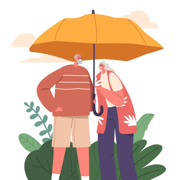 上級カップルキャラクターは 家族の保護を象徴する傘の下に立つ 生命の嵐から守られた彼らの抱擁に描かれた愛 そしてサポート 漫画人ベクトルイラスト — ストックベクタ