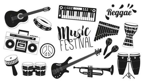 Lively Reggae Inspired Musical Instrument Isolated Black Icons Set Con — Vettoriale Stock