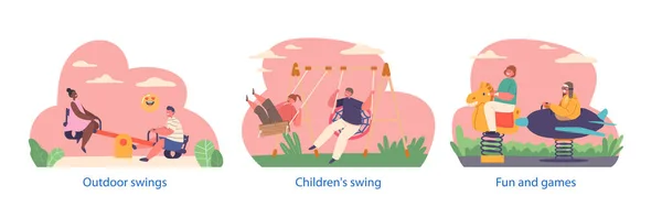 Geïsoleerde Elementen Met Kinderen Karakters Vrolijk Swingend Een Speelplaats Hun — Stockvector