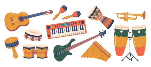 Vibrant Set Musical Instruments Playing Reggae Music Drums Guitars Keyboard — 스톡 벡터