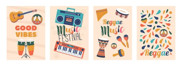 Set Banners Instruments Reggae Music Melodic Rhythmic Array Musical Instruments — Stock Vector