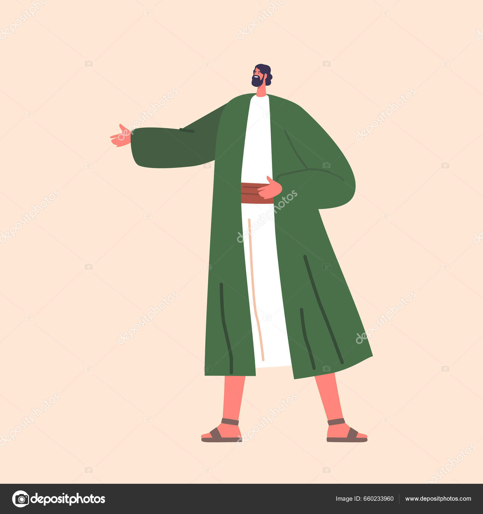 古时的以色列人留着胡子身穿传统衣服脚上站满了沙子以米色背景为背景的历史或圣经人物卡通人物矢量图解