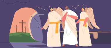 İsa Mesih 'in dirilişinden sonra muzaffer olan iki melekle birlikte mağaradan çıktı ve ilahi zaferi yayarak insanlığa sonsuz bir umut sundu. Çizgi film İnsanları Vektör İllüstrasyonu