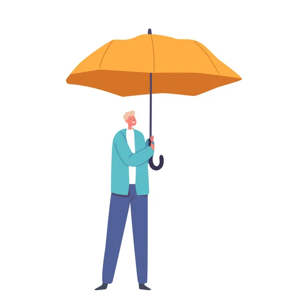 Jeune Garçon Personnage Tenant Parapluie Jaune Ouvert Abri Pluie Son — Image vectorielle
