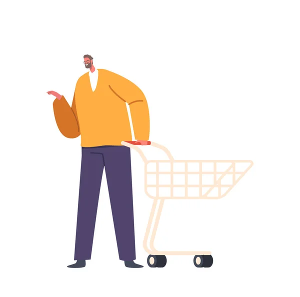 男人冲着购物车 在过道上航行 男主角选择购买物品和食品 反映了典型的购物体验 卡通人物矢量图解 — 图库矢量图片