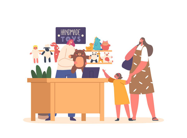 Child Requests Mother To Buy Handmade Toy From The Shop, Expressing Desire And Seeking Parental Assistance In Fulfilling Their Wish. Cartoon People Vector Illustration with Family Characters