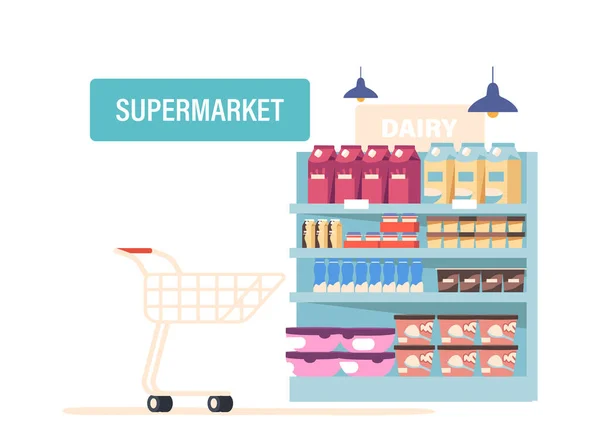 Organize Ürünler Süpermarket Raflarında Düzenli Olarak Sergileniyor Uygun Alışveriş Için — Stok Vektör