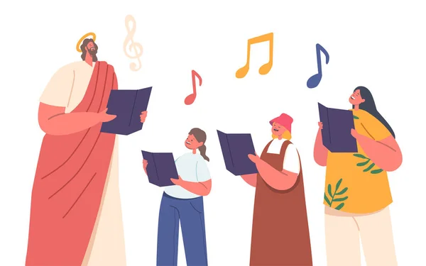 Isus Copiii Cântă Coruri Note Mâini Răspândind Bucurie Armonie Melodiile — Vector de stoc