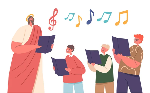 Jesus Children Gathered Holding Musical Notes Hands Singing Harmonious Chorals — Stock Vector