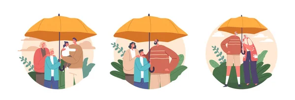 在伞状保护伞下与家人隔离的圆形图标爱的人免受雨 意想不到的天气变化的影响 提供可靠的覆盖面 确保舒适 卡通人物矢量图解 — 图库矢量图片