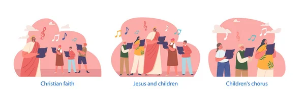 Vereinzelte Elemente Mit Jesus Und Kindern Die Choräle Mit Noten — Stockvektor