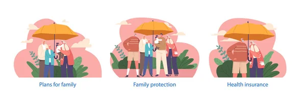 Symbolizując Ochronę Bezpieczeństwo Odizolowane Elementy Pokazują Szczęśliwą Rodzinę Przytuloną Pod — Wektor stockowy