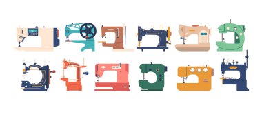 Dikiş makinesi seti, kumaş dikmek ve giysi üretmek için mekanik cihazlar. Süreci otomatikleştirir, dikiş işini daha hızlı ve daha verimli hale getirir. Çizgi film Vektör İllüstrasyonu