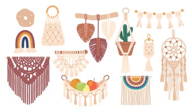Macrame Dekor Parçaları Koleksiyonu, herhangi bir yere bohem cazibesi eklenerek düğüm ve doğal liflerle ustalıkla hazırlanmış. Ot Tutucu, Askı Duvarı, Rüya Yakalayıcı. Çizgi film Vektör İllüstrasyonu