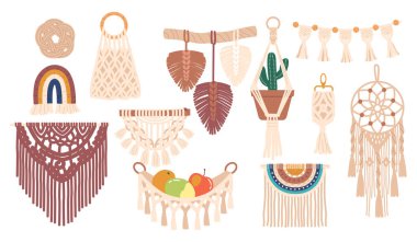 Collection Of Macrame Decor Pieces, Intricately Handcrafted With Knots And Natural Fibers, Adding Bohemian Charm To Any Space. Pot Holder, Wall Hanger, Dream Catcher. Cartoon Vector Illustration clipart