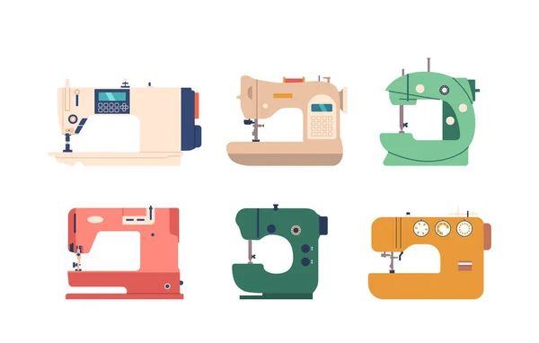 Etkili Çok Yönlü Dikiş Makineleri Giysi Tekstil Yapmak Için Değerli — Stok Vektör