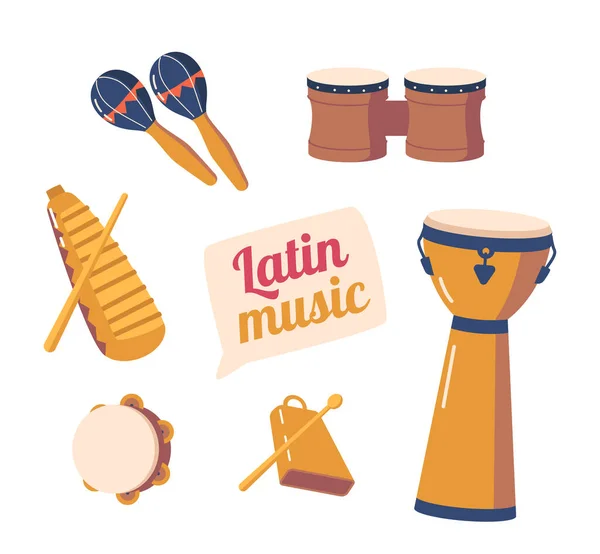 Instrumentos Musicais Latino Americanos Maracas Vibrantes Rítmicas Bongos Tamborim Dão — Vetor de Stock
