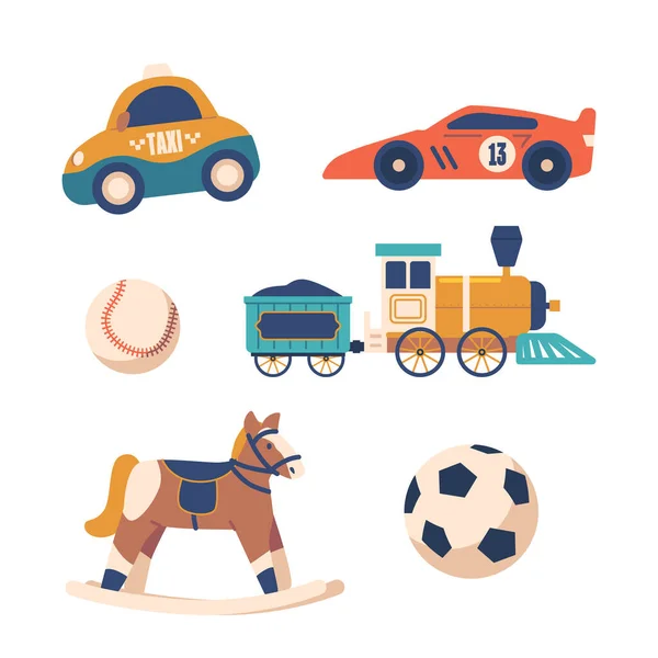Συναρπαστικό Σετ Παιχνιδιών Για Αγόρια Φιγούρες Δράσης Αυτοκίνητα Τρένα Άλογα — Διανυσματικό Αρχείο
