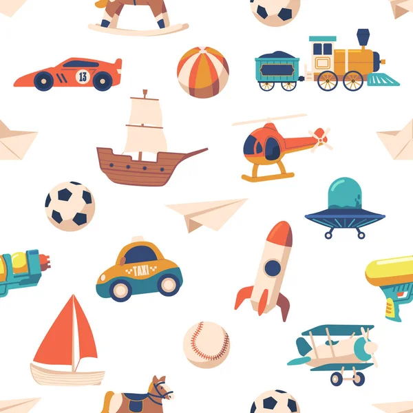 无缝图案特色男孩玩具的游戏系列 包括汽车 乌弗茶托 马和球 创造了一个充满活力和动态的砖块设计 卡通矢量图解 — 图库矢量图片