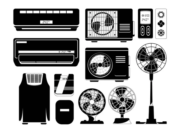 Air Conditioners Fans Black Icons Set Conditioning Home Industrial Ventilation — Stock Vector