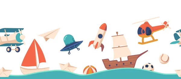 遊び心のある男の子のおもちゃのコレクションを搭載したシームレスなパターン帆ボート 海賊船 飛行機 ロケット ヘリコプター 子供の製品と装飾のための楽しさとノスタルジックデザイン 漫画ベクターイラスト — ストックベクタ