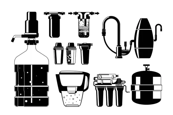 Set Black Icons Efficient Water Filters Clean Safe Drinking Water — Stock Vector