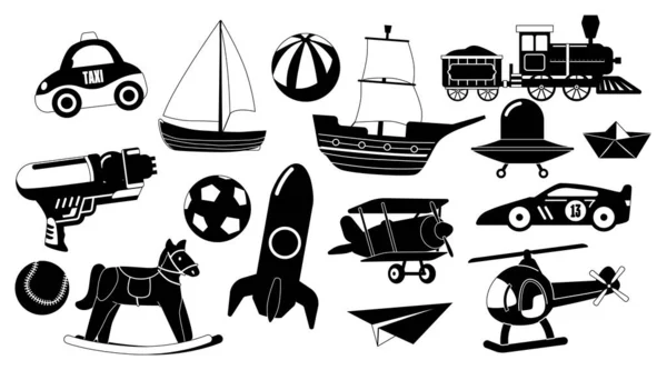 Набор Игрушек Черные Иконы Машина Корабль Мяч Тарелка Нло Скачущая — стоковый вектор