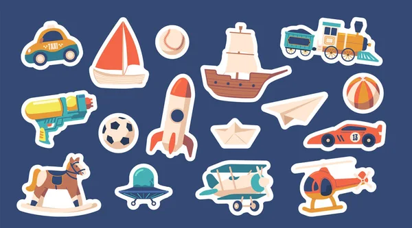 一套贴士男孩玩具车 球和Ufo酱料 采购产品火箭马 直升机和与火车的飞机 完美的想象力游戏和培养创造力 卡通矢量贴片 — 图库矢量图片