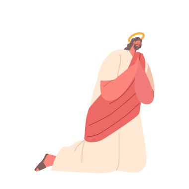 İsa 'nın dua etmesi, İsa' yı duayla tasvir etmesi, hürmet, maneviyat ve daha büyük bir güçle bağlantı kurması. Çizgi film İnsanları Vektör İllüstrasyonu