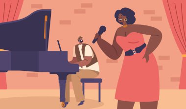 Siyahi Kadın Şarkıcı ve Piyanist Büyüleyici Seyirci Sahnede Canlı Caz Performansı, Gösteri Doğaçlaması ve Dinamik Cihazlar ve Ritmler Harmanlaması. Vektör İllüstrasyonu
