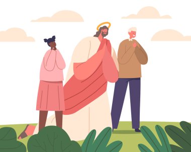 İsa Mesih ve küçük çocuk karakterlerinin huzurlu bir görüntüsü bir yaz çayırında toplanmış, dua ediyor, sıcaklığı, sevgiyi ve ruhsal bağlantıyı yayıyor. Çizgi film İnsanları Vektör İllüstrasyonu