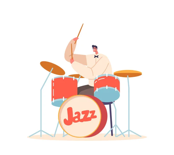 Music Band Entertainment Show Excited Drummer Playing Jazz Music Sticks — Stock Vector