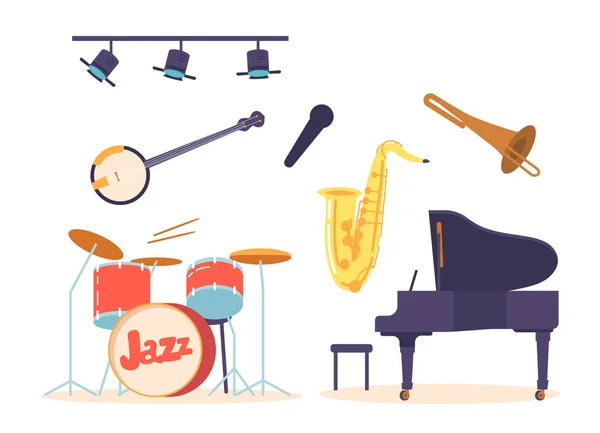 ジャズを演奏するための楽器バンジョー ピアノ サクソフォン トランペット ドラムキットと白の背景に分離されたスポットライト付きマイク 漫画ベクターイラスト — ストックベクタ
