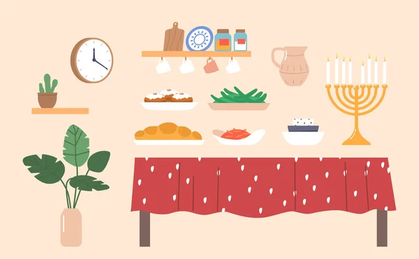 孤立したアイコンテーブルのセット 伝統的なユダヤ料理 Menorah ライトの祭りを象徴 おいしい食事 クロック 鉢植え ユダヤ人のお祝いの要素 漫画ベクターイラスト — ストックベクタ