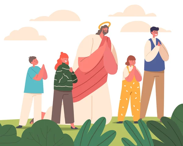 Jesús Rodeado Niños Personajes Orando Una Pradera Soleada Simbolizando Inocencia — Archivo Imágenes Vectoriales
