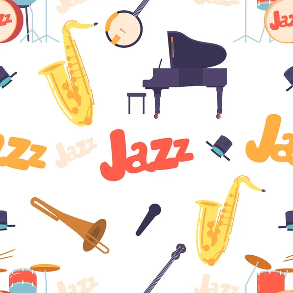 Seamless Pattern Various Jazz Instruments Piano Saxophone Trumpet Drums Banjo — Stock Vector