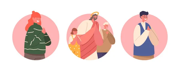 Iconos Avatares Redondos Aislados Jesucristo Los Niños Personajes Orando Simbolizando — Archivo Imágenes Vectoriales