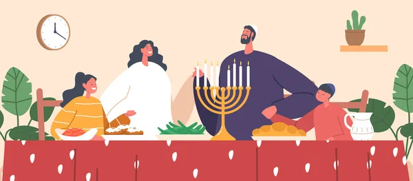 虔诚的犹太家庭父母和孩子们聚集在一张桌子旁 在他们共享一餐的时候一起祈祷 展示他们的信仰 团结和对其宗教传统的崇敬 病媒图解 — 图库矢量图片