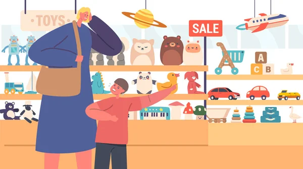 Uncontrollable Child In Store, Fervently Pleading With Their Parent To Purchase Toys. The Childs Emotions Are Intense, Displaying Desperation And Excitement For The Desired Toys. Vector Illustration
