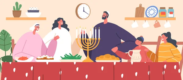 Personagens Devotos Família Judaica Reunidos Curvando Suas Cabeças Oração Expressando — Vetor de Stock