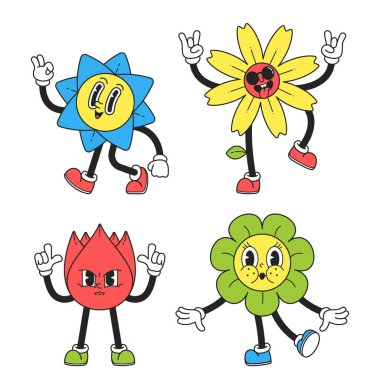 Y2k Çiçek Karakterleri, Tuhaf ve geçmişe dönük canlı renklerle süslenmiş insanlar, Milenyumun Dönüşü 'nün neşeli ve iyimser ruhunu temsil ediyorlar. Çizgi film Vektör İllüstrasyonu