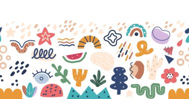 Tuhaf unsurları olan sevimli çocuksu desen, canlı renkler ve hayal gücü motifleri, masumiyet ve neşe hissi uyandırıyor. Çocuk kıyafetleri ya da dekorasyon için fayans. Çizgi film Vektör İllüstrasyonu