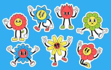 Bir dizi garip Y2k Çiçek Karakterleri. Milenyumun başlangıcından bu yana canlı ve eğlenceli kreasyonlar, renkli taç yaprakları, gülen yüzler ve duygular. Çizgi film Vektör İllüstrasyonu, Yamalar